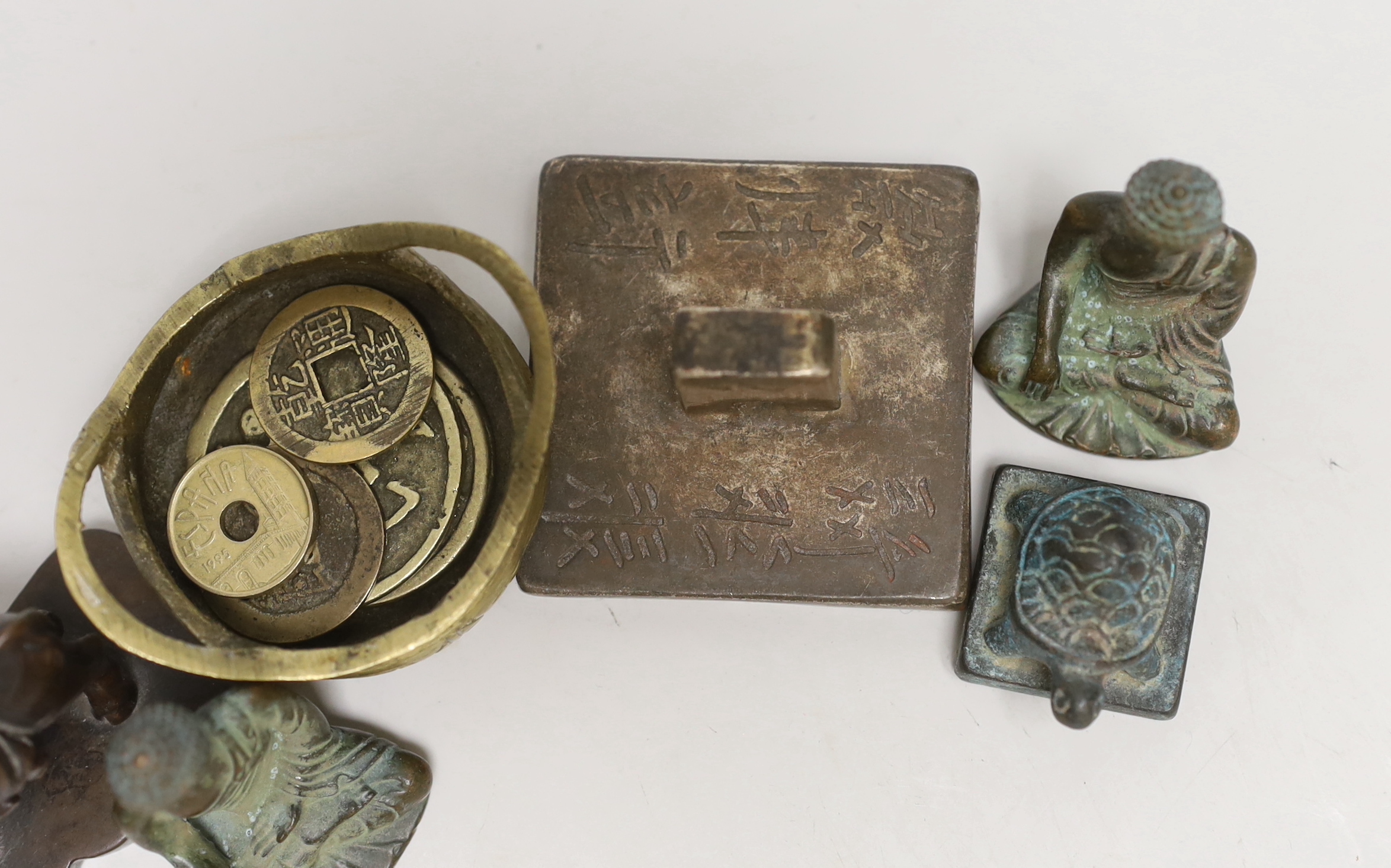 Five Chinese coins, five seals and a miniature censer